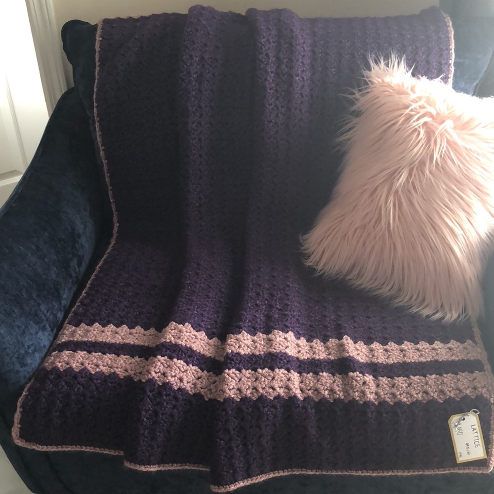 NEW handmade crochet blanket/afghan “LATTICE” purple/blush colors 49.5”x60”